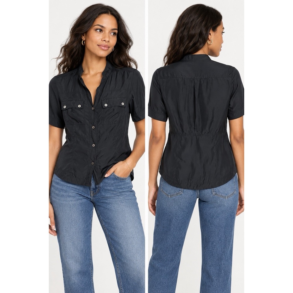 Banana Republic 100% Silk Black Utility Blouse Short Sleeve Button Front S